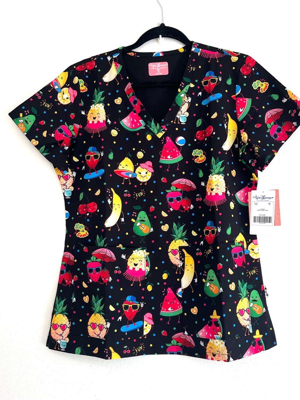 Ava Therese Women's Fresh N Tasty Scrub Top V Neck NWT Nurses Black/Multi SZ MED
